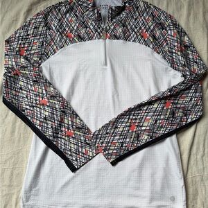 Bette & Court Black Graphic Zip-Front Golf Top with Coral & Yellow Accents